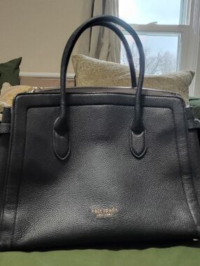 Kate Spade Black Leather Pebbled Satchel Purse with Gold Logo